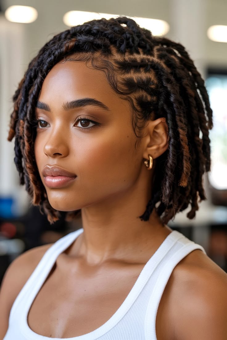 Deep black locs in a chin-length bob, freshly retwisted