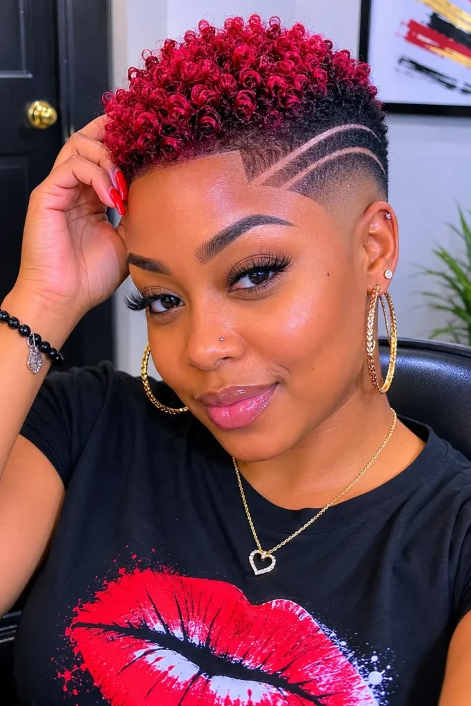 Tapered cut coloured bright red with a shaved side design