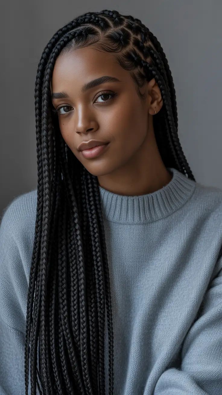 Hair cornrowed straight back into evenly parted lengths