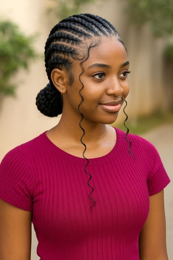 Feed-in braids gathered into a long braided bun