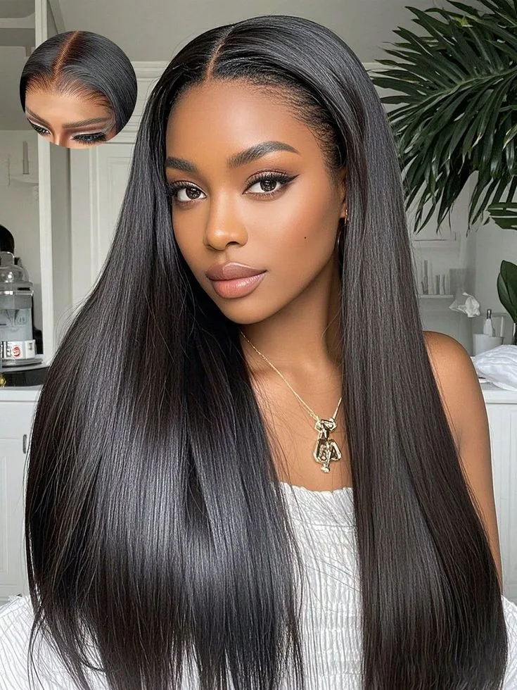 Long straight lace-front install with the hairline blended, and an inset close-up of the parting